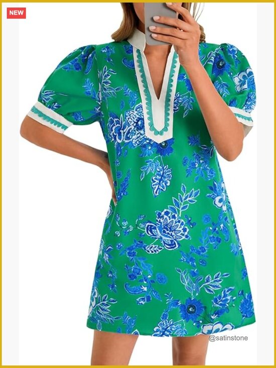 Dresses & Skirts - Women's Summer Mini Dress Floral Puff Sleeve V Neck Color Block Loose Boho